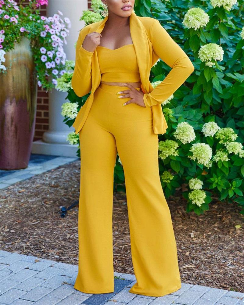 

3PCS Double Breasted Blazer & Pants Set With Crop Top, Yellow