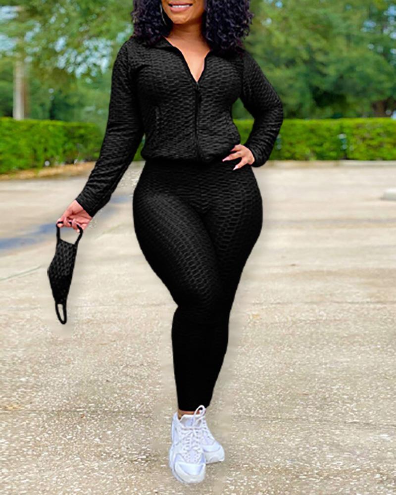 

Zipper Design Long Sleeve Women Top & High Waist Pants Set, Black