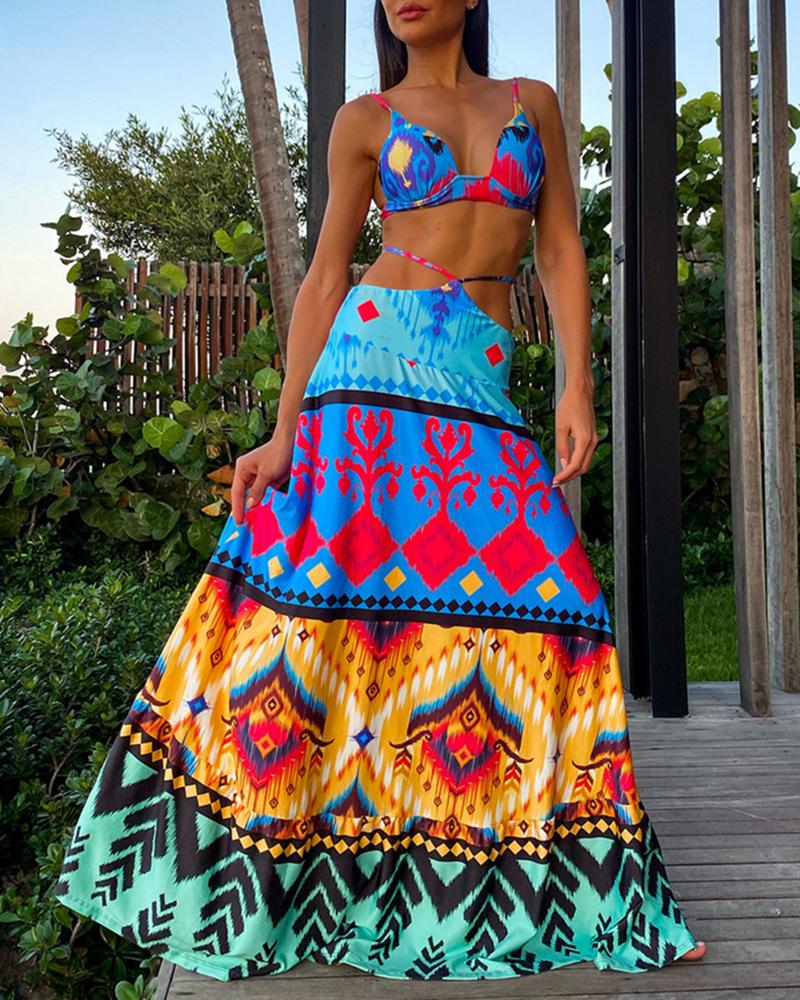 

Tribal Print Cami Crop Top & Skirt Set, Multicolor