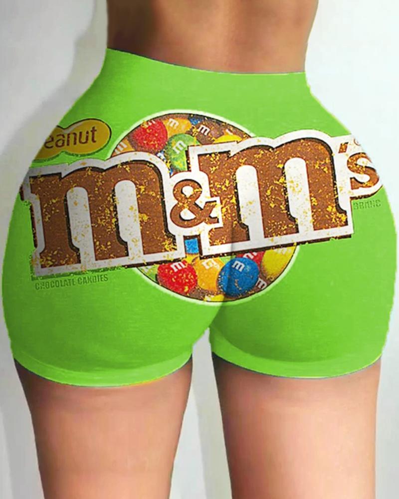 

Letter Cartoon Print High Waist Casual Shorts, Green