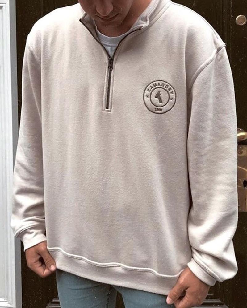 

Long Sleeve Patchwork Embroidery Zipper Sweatshirt, White