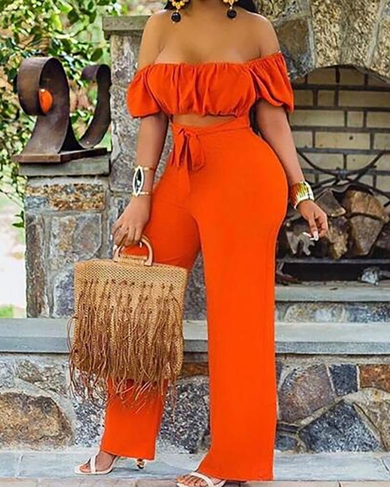 

Off Shoulder Bubble Pleated Top & Straight Long Pant Sets, Red