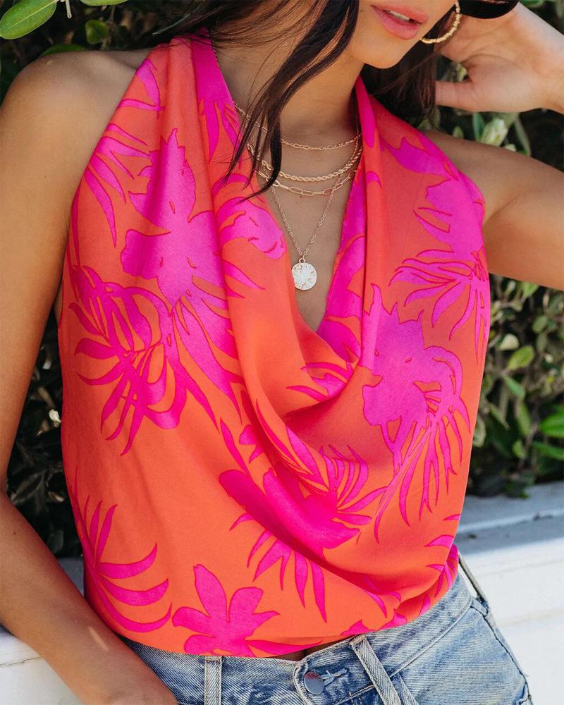 

Plants Print Halter Backless Cowl Neck Top, Orange