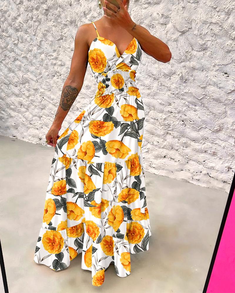 

Floral Print Ruffles Shirred Maxi Dress, Yellow