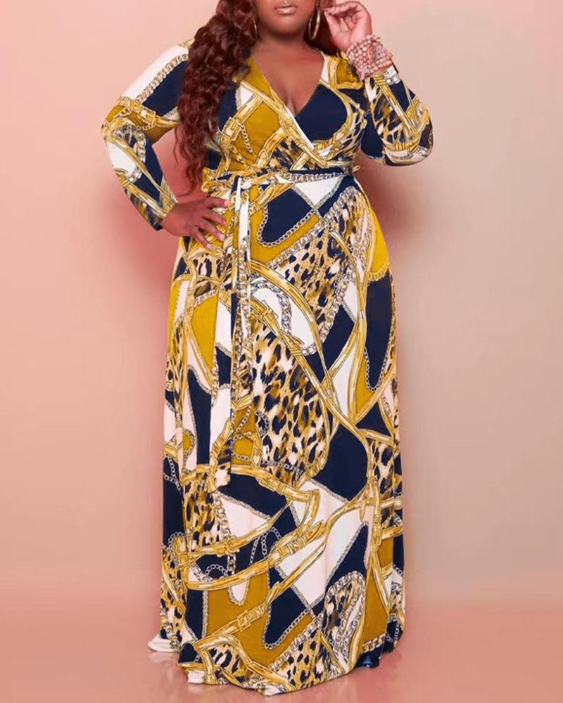 

Plus Size Scarf Chain Leopard Print Wrap Maxi Dress, Yellow