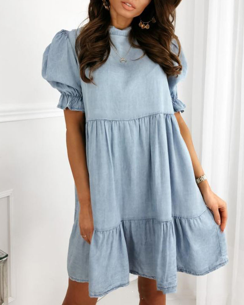 

Puff Sleeve Ruffle Hem Casual Denim Dress, Blue