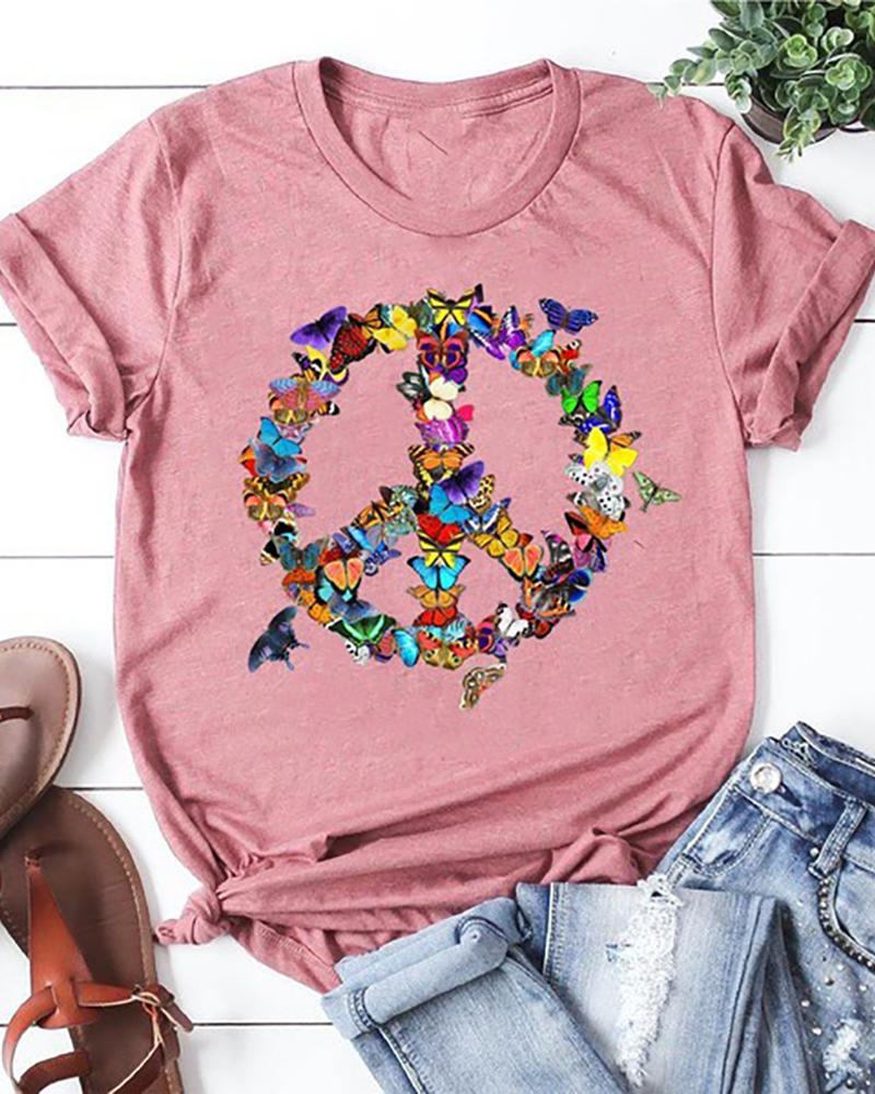 

Butterfly Print Short Sleeve Casual T-shirt, Pink