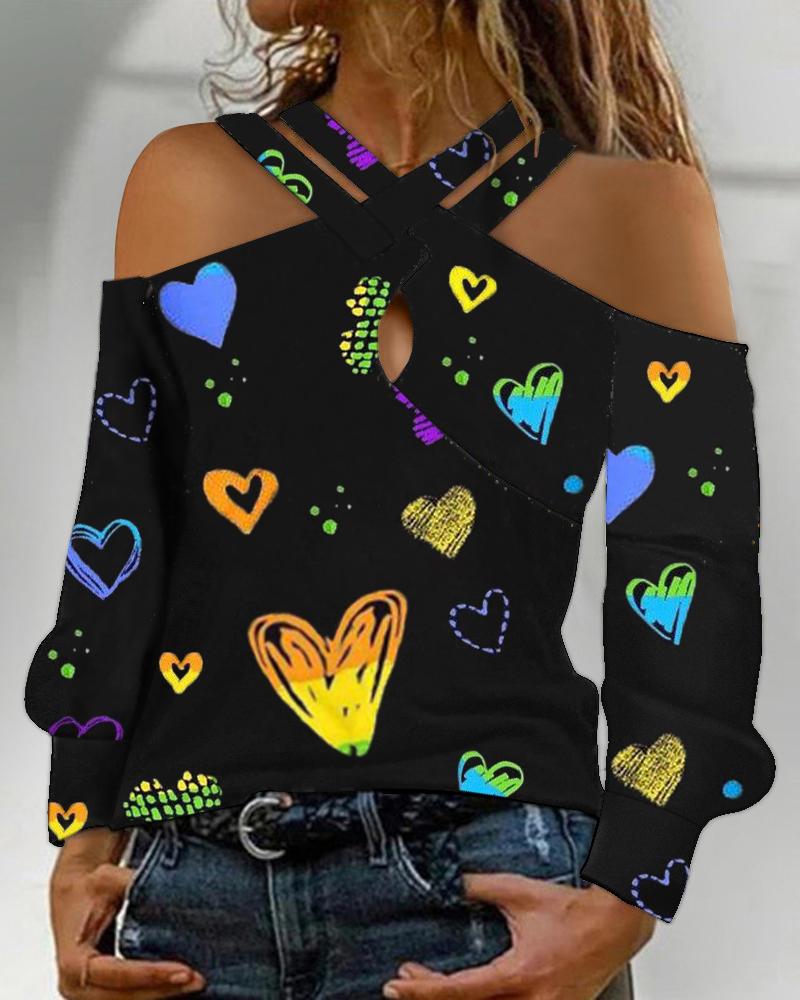 

Valentine' Day Colorful Heart Print Cold Shoulder Top, Black