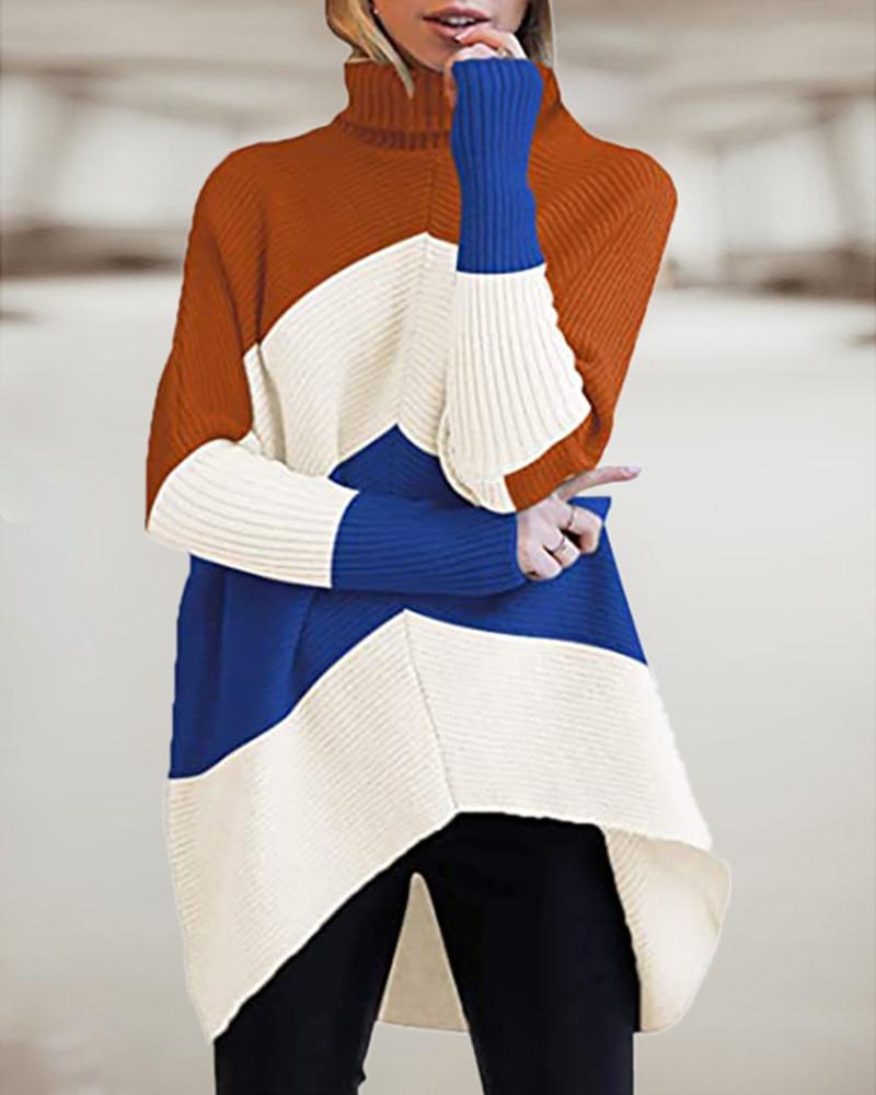 

Chevron Pattern Colorblock Batwing Sleeve Sweater, Blue