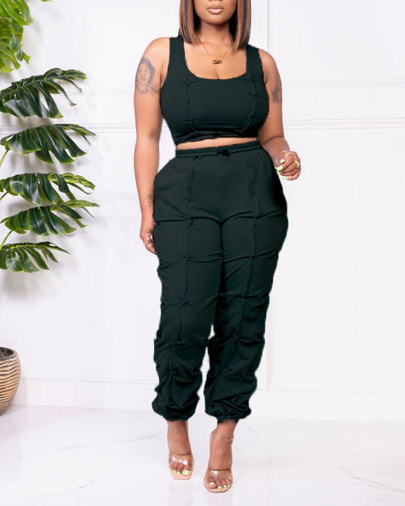 

Crop Tank Top & Drawstring Ruched Pants Set, Black