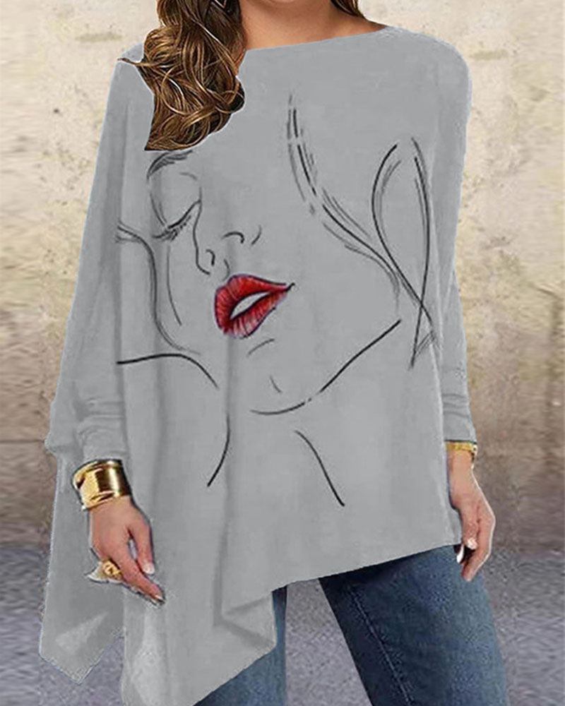 

Plus Size Figure Print Asymmetrical Long Sleeve Top, Gray