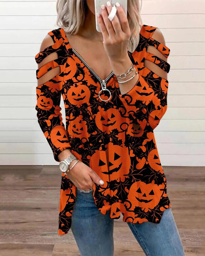 

Halloween Pumpkin Print Zipper Ladder Cut-Out Long Sleeve Top, Style5