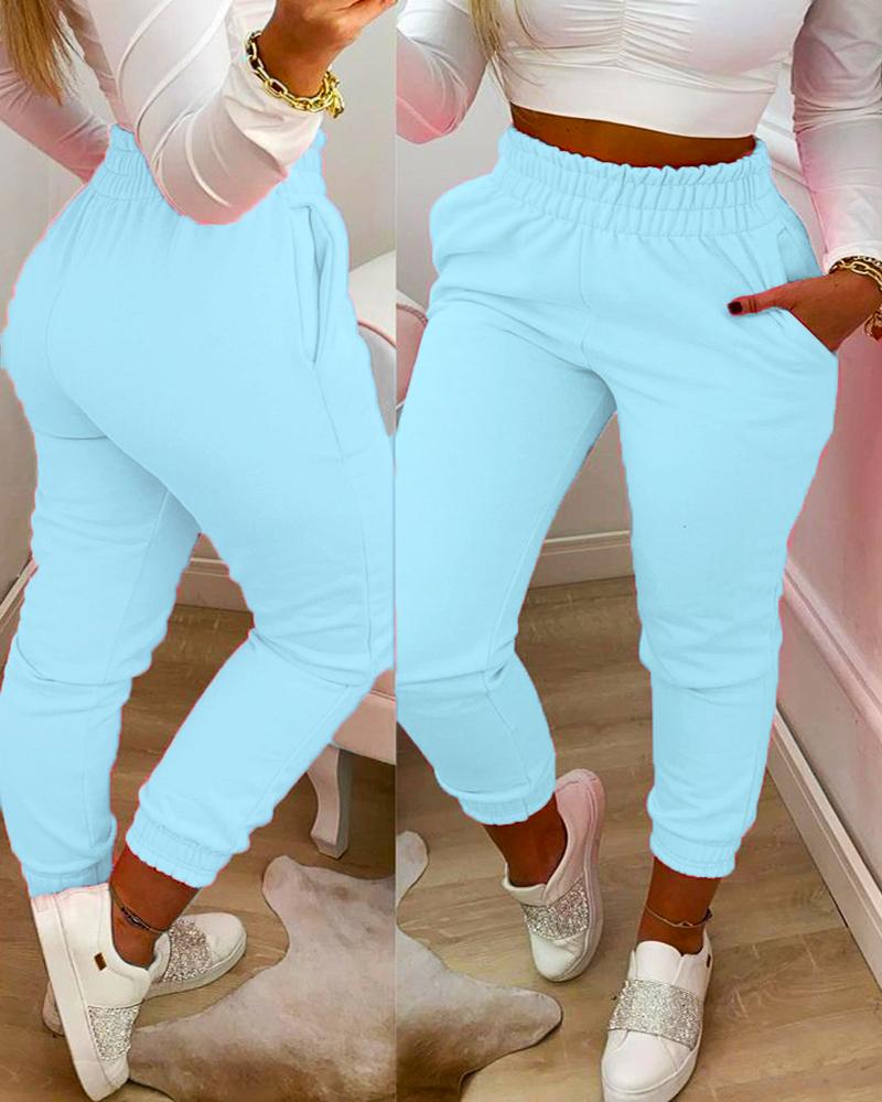 

Pocket Design Shirring Waist Frill Hem Casual Pants, Sky blue