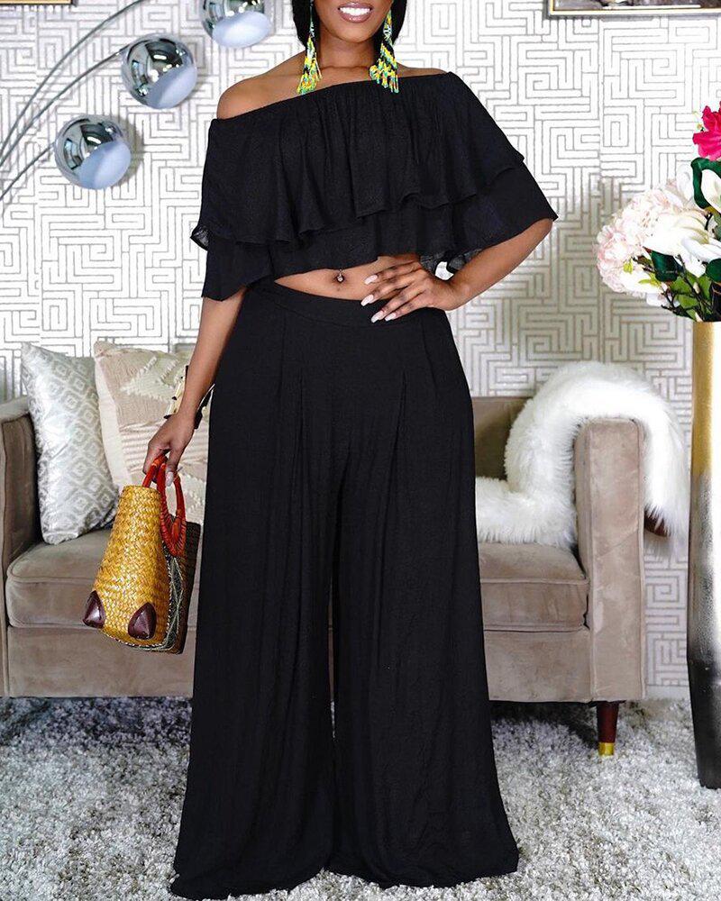 

Off Shoulder Ruffle Hem Crop Top & Wide Leg Pants Set, Black
