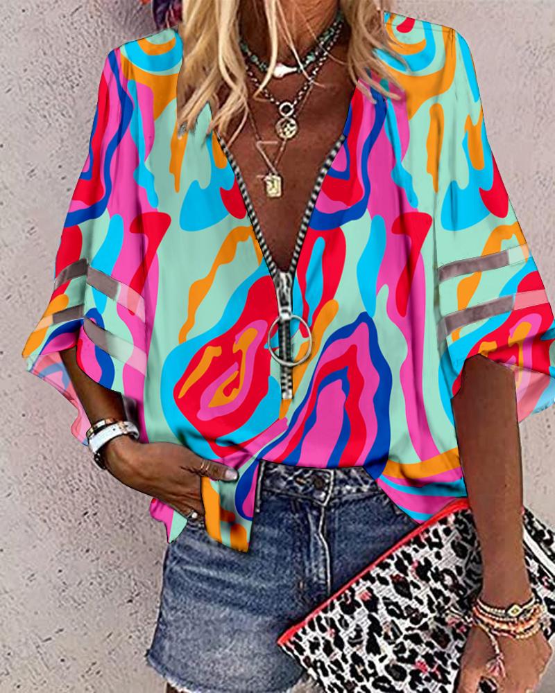 

Multi-Color Abstract Print Bell Sleeve Zip Front Top, Hot pink