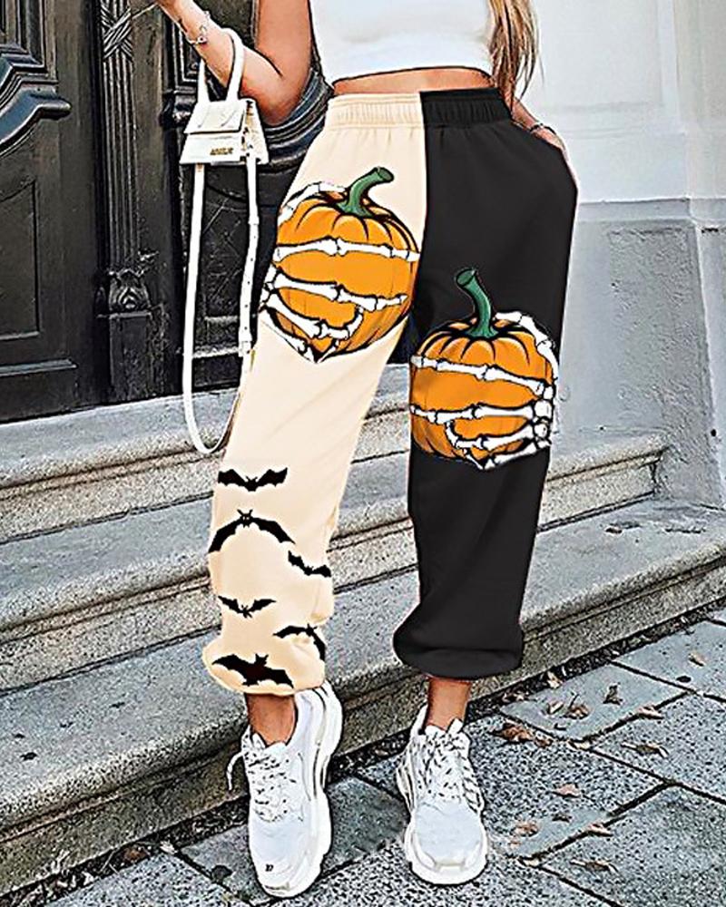 

Halloween Pumpkin Skeleton Bat Print Colorblock Sweatpants, Apricot