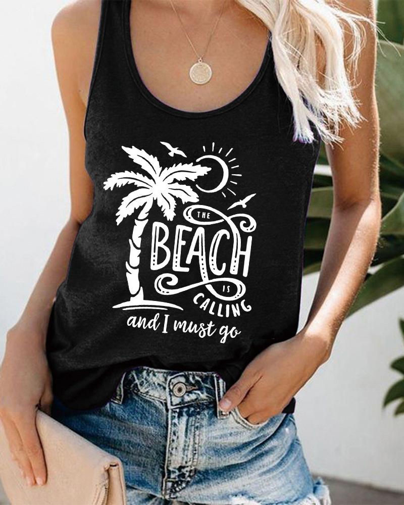 

Coconut Tree Letter Print Graphic Tee Summer Beach Vest Tank Top, Black