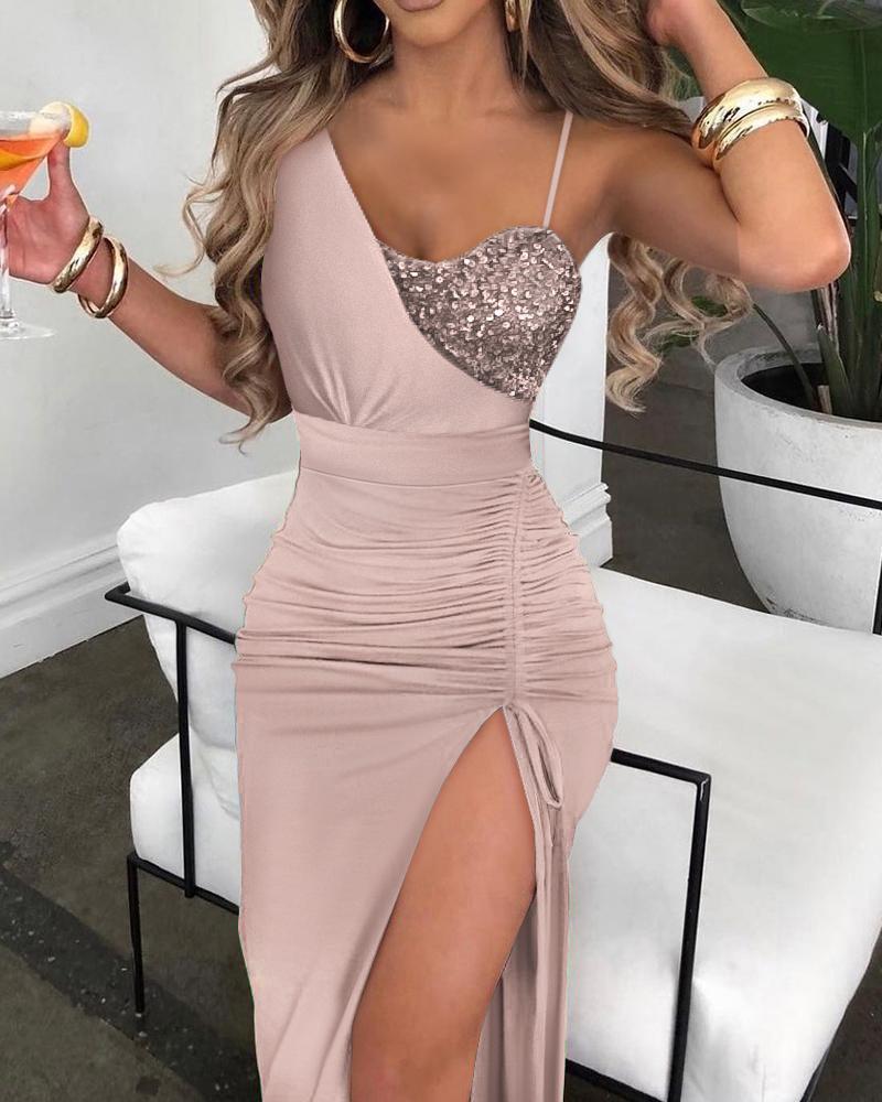 

Contrast Sequin Drawstring Ruched High Slit Dress, Pink