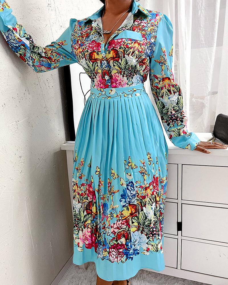 

Floral Print Button Front Pleated Shirt Dress, Turquoise blue