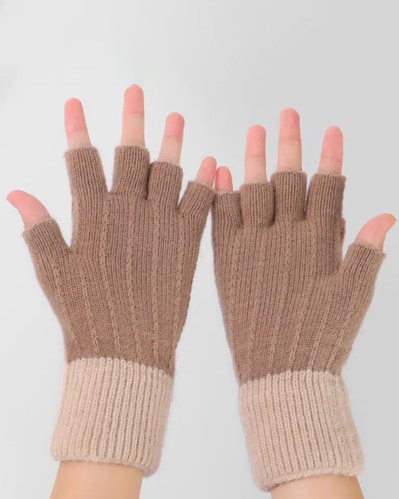 

1Pair Mitten Flap Classic Style Warm Half Fingerless Gloves, Khaki
