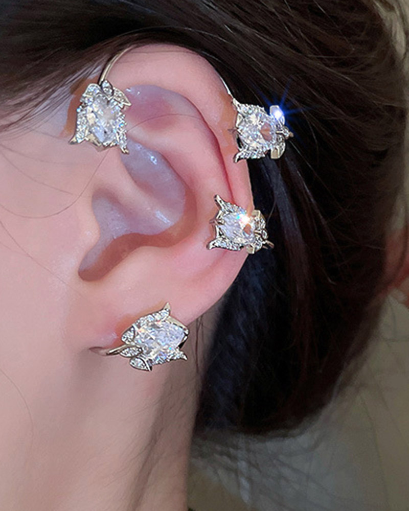 

1pc Floral Pattern Zircon Single Ear Climber, Style1