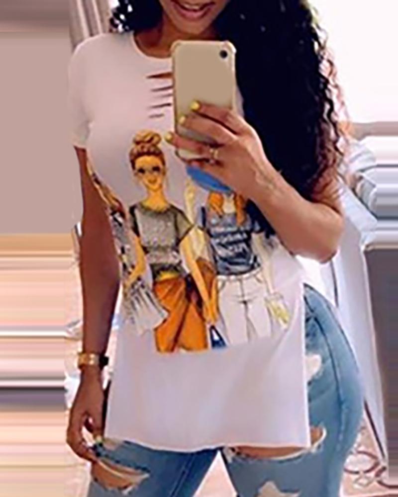 

Figure Print Cutout Front Short Sleeve Slit T-Shirt, White