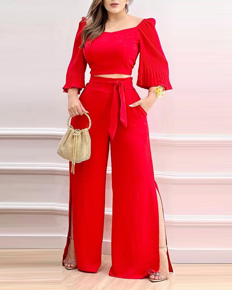 

Bell Sleeve Backless Crop Top & Split Hem Pants Set, Red