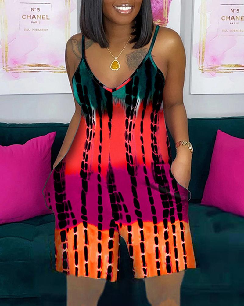 

Tie Dye Print Pocket Detail Spaghetti Strap Romper, Orange