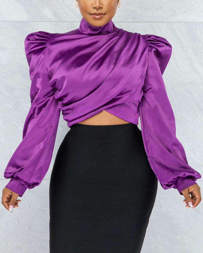 

Puff Sleeve Ruched Detail Long Sleeve Crop Top, Purple
