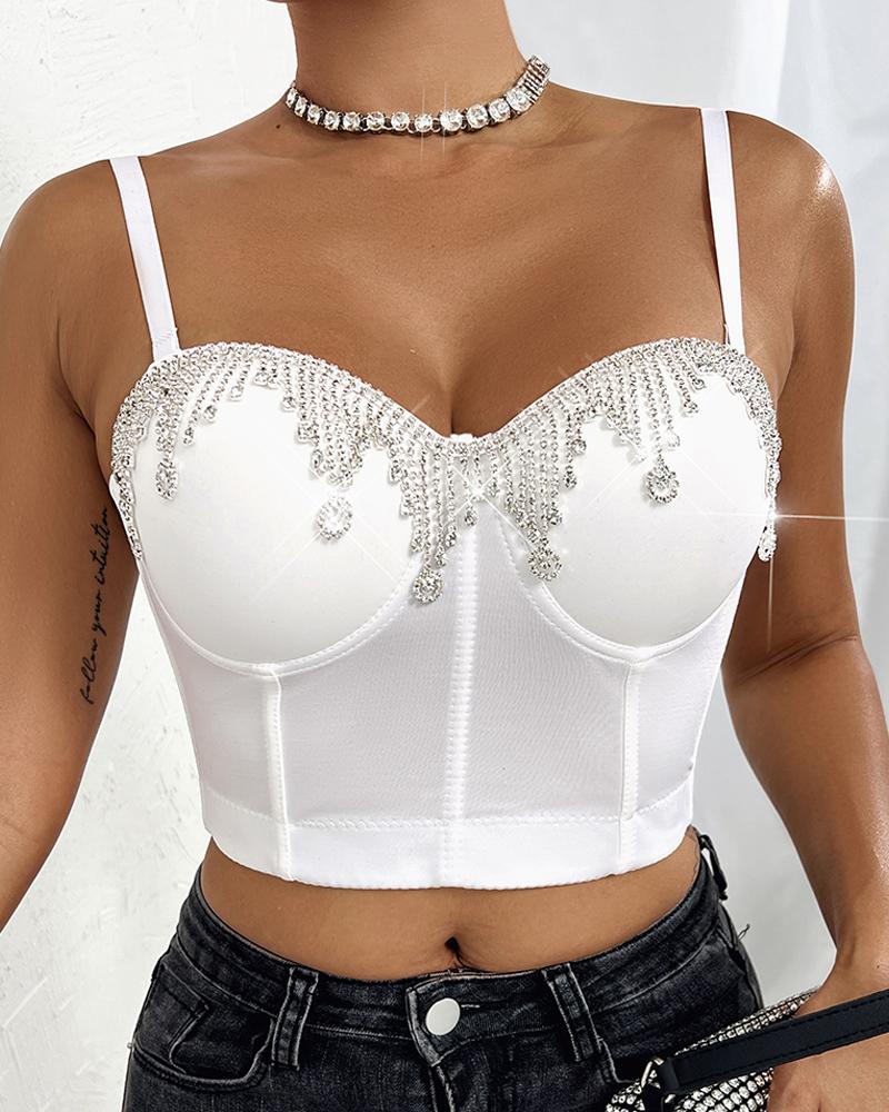 

Rhinestone Tassel Design Buckle Back Crop Corset Top, White
