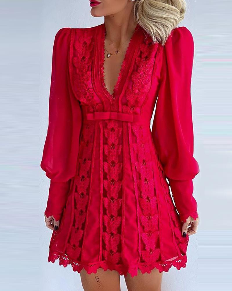 

Puff Lantern Sleeve Butterfly Pattern Lace Dress, Red