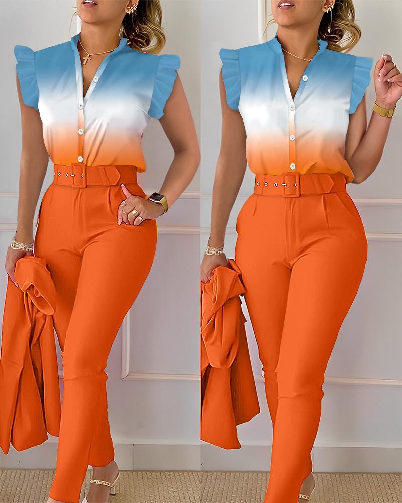 

Ombre Flutter Sleeve Shirt & High Waist Pants Set, Orange