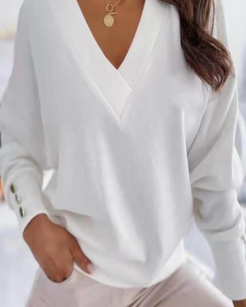 

Plain V Neck Button Design Long Sleeve Sweathirt, White