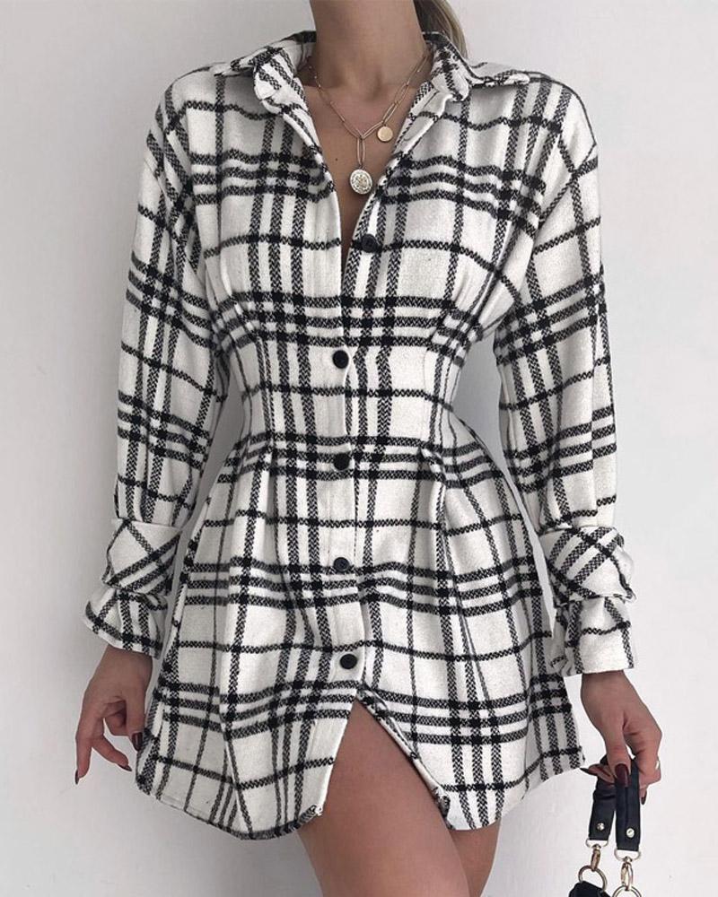 

Plaid Print Long Sleeve Button Front Shirt Dress, White