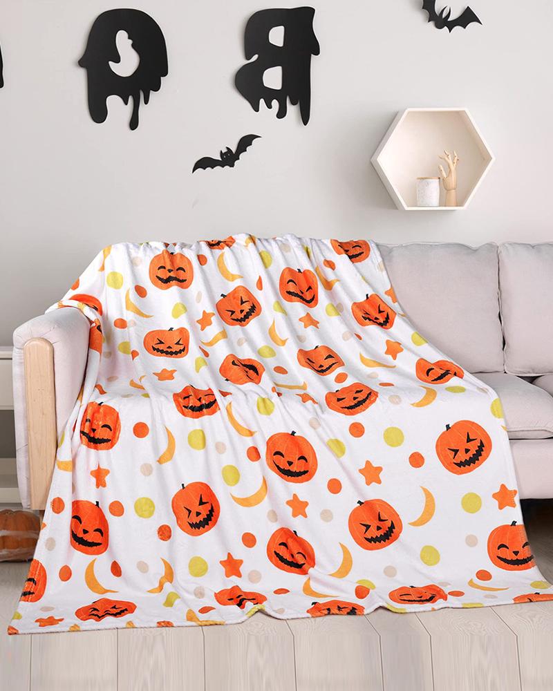 

1pc Halloween Pumpkin Spider Web Graphic Print Flannel Throw Blanket, Style3