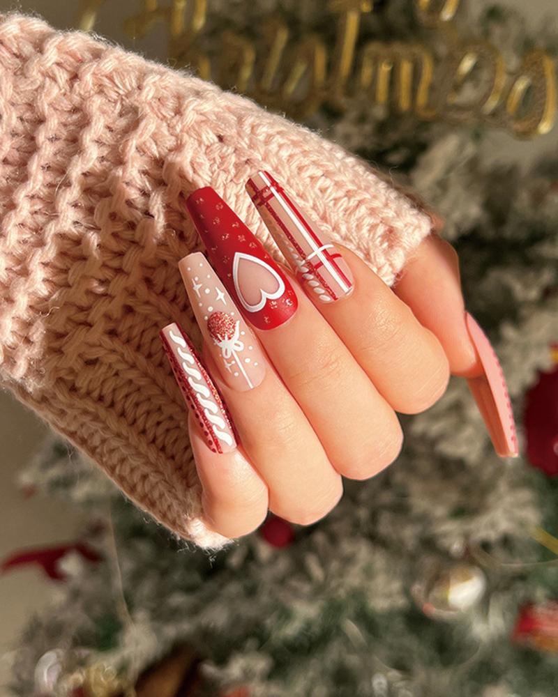 

16pcs Christmas Gift Graphic Pattern Press On Matte Fake Coffin Nails Set, Red