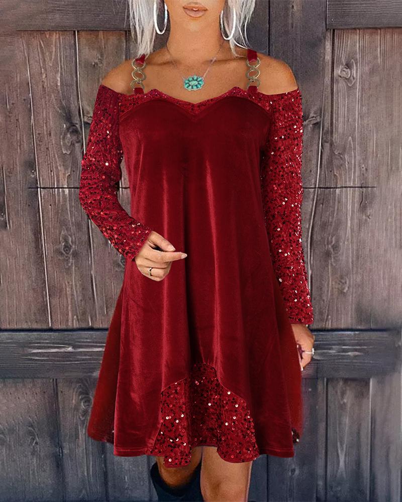 

Contrast Sequin Cold Shoulder Velvet Casual Dress, Red