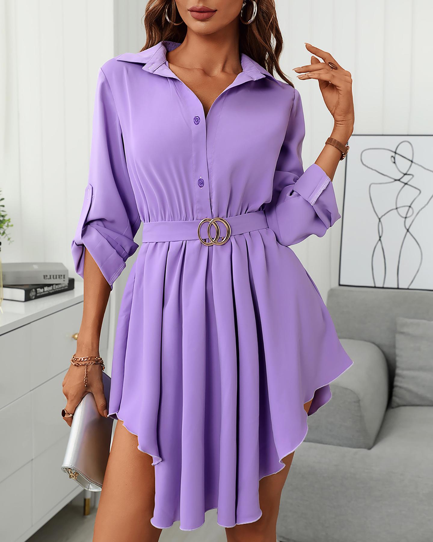 

Long Sleeve Button Design Shirt Dress, Purple