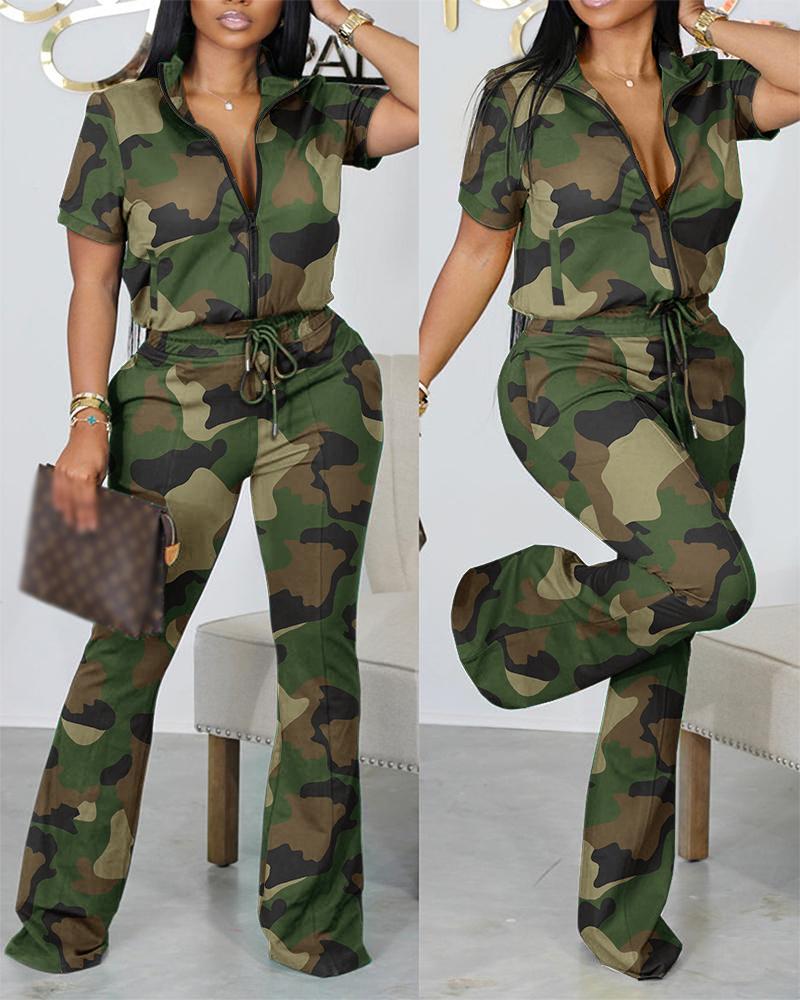 

Camouflage Print Zip Up Top & Drawstring Pants Set, Camoflage