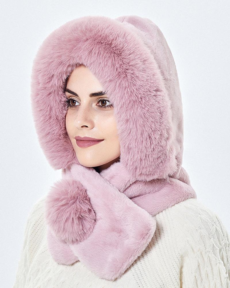 

Fuzzy Faux Fur Windproof Winter Hat Cap With Pom Pom Scarf, Pink