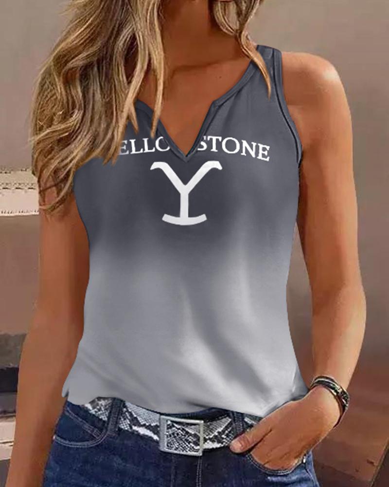 

Yellowstone Graphic Print Ombre Notch Neck Tank Top, Gray