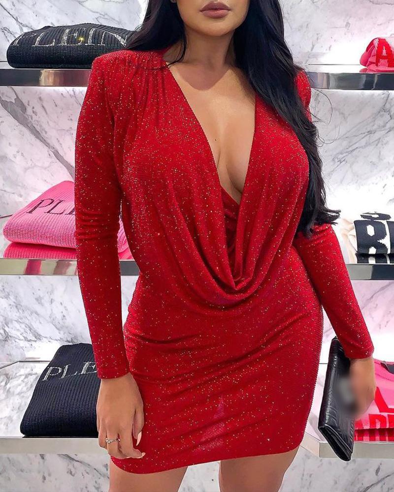 

Sexy Glitter Cowl Neck Long Sleeve Bodycon Dress Slim Fit Mini Party Dress, Red