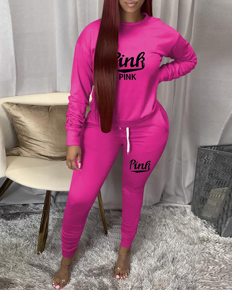 

Letter Print Long Sleeve Top & Drawstring Pants Set, Hot pink