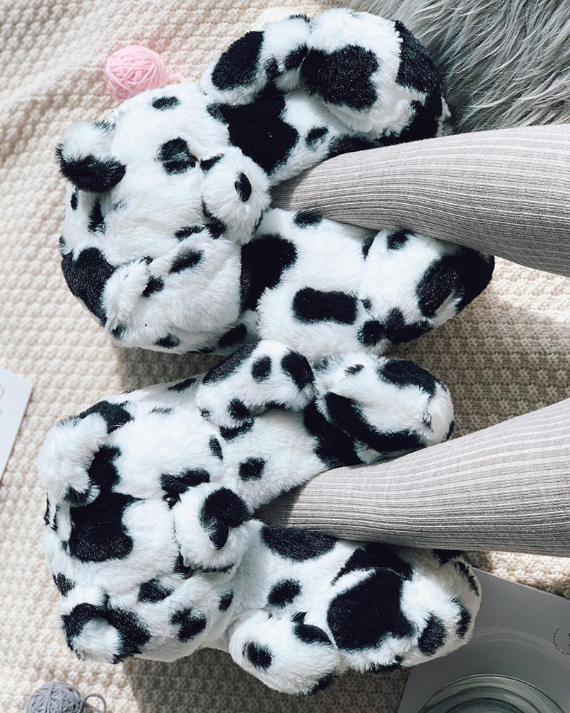 

Leopard Fluffy Teddy Bear Slippers, Blackwhite