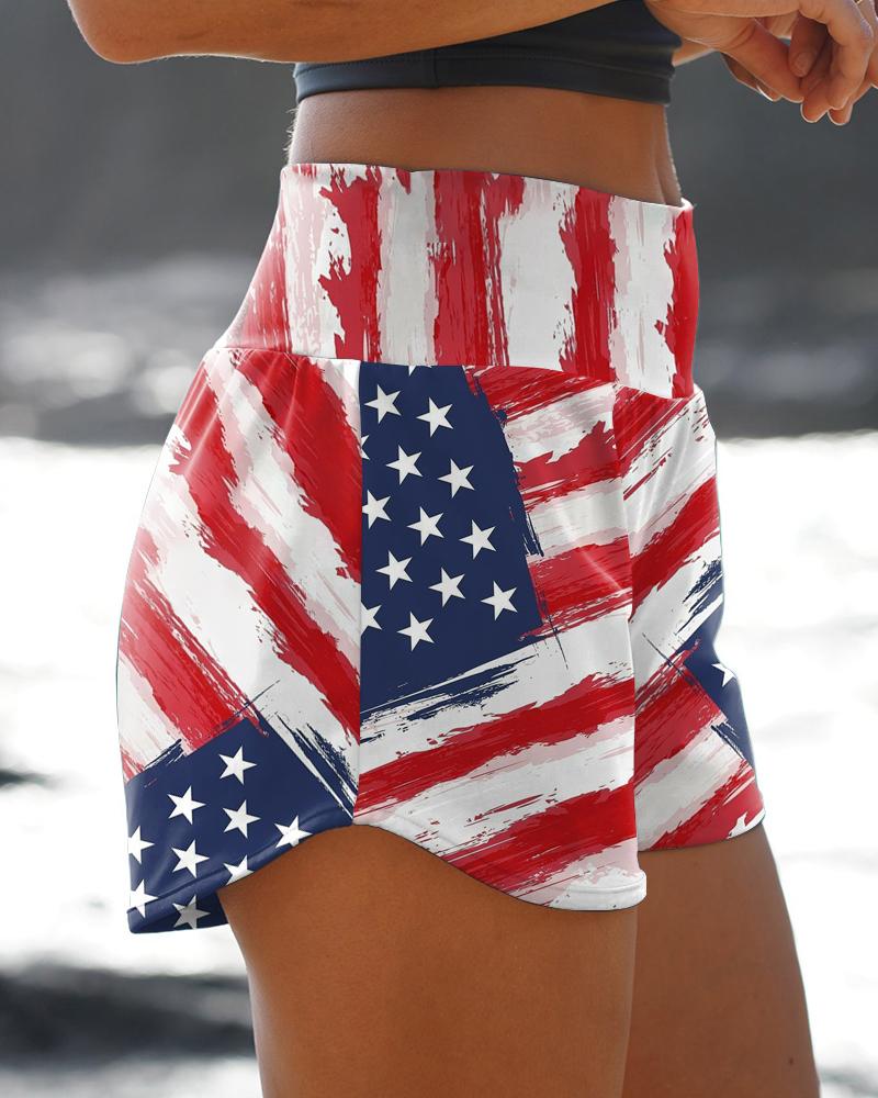 

Independence Day Patterns Print Loose Slit Shorts, Red