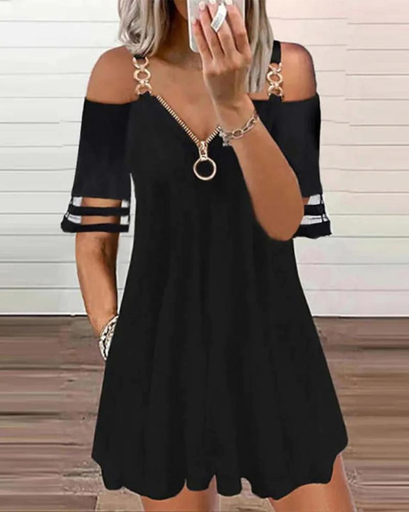 

Contrast Mesh Chain Strap Cold Shoulder Casual Dress, Black