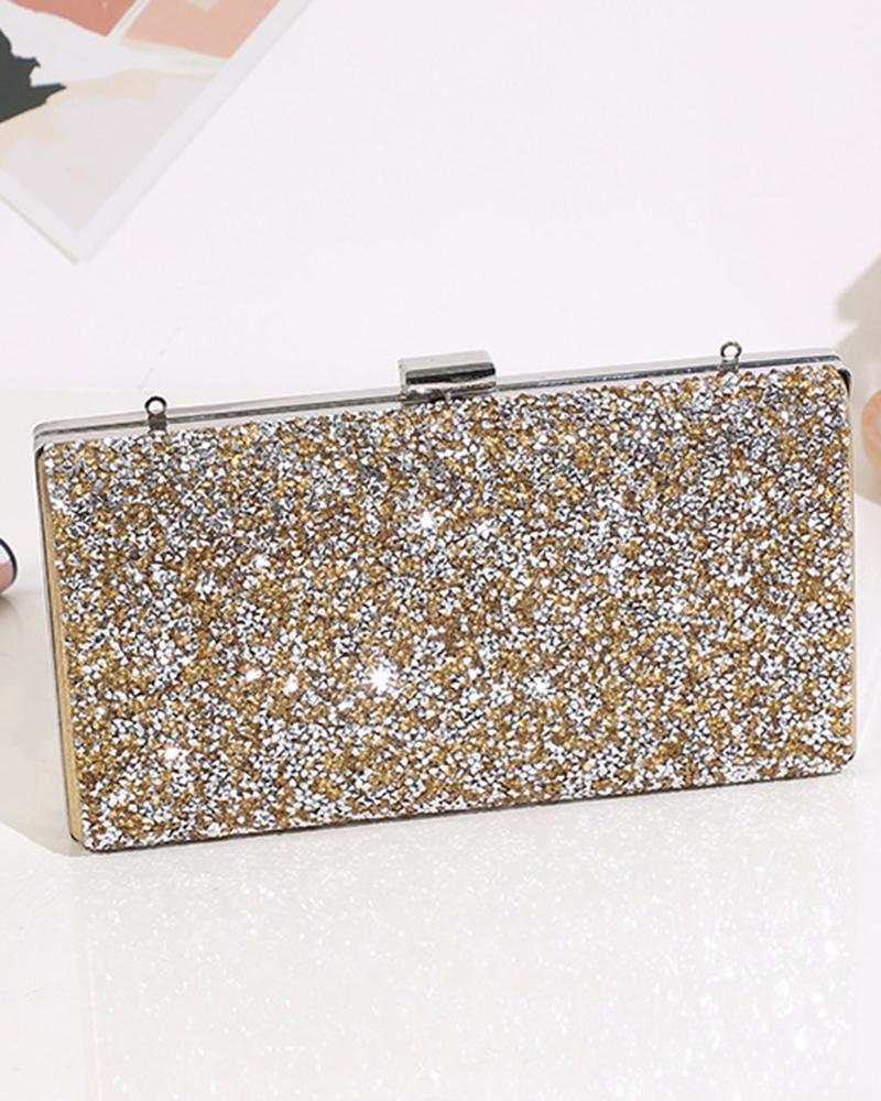 

Bolsa clutch para noite com alça e corrente de strass, Gold