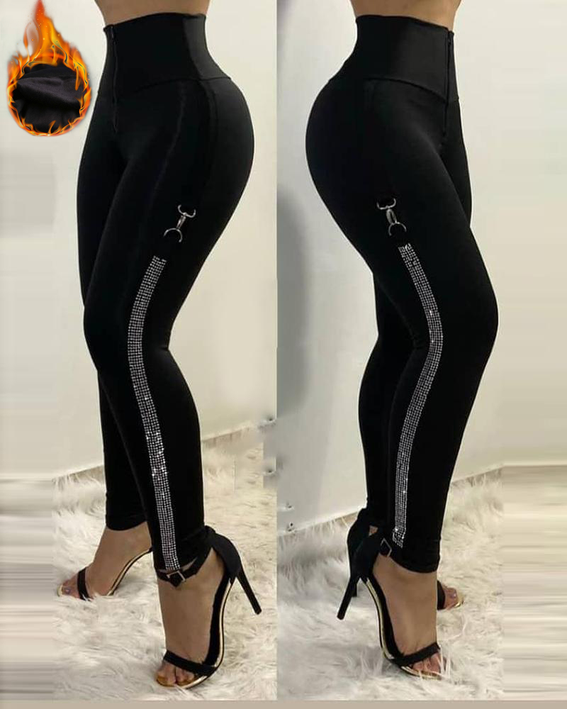 

Rhinestone High Waist Lined Fleece Skinny Pants, Black