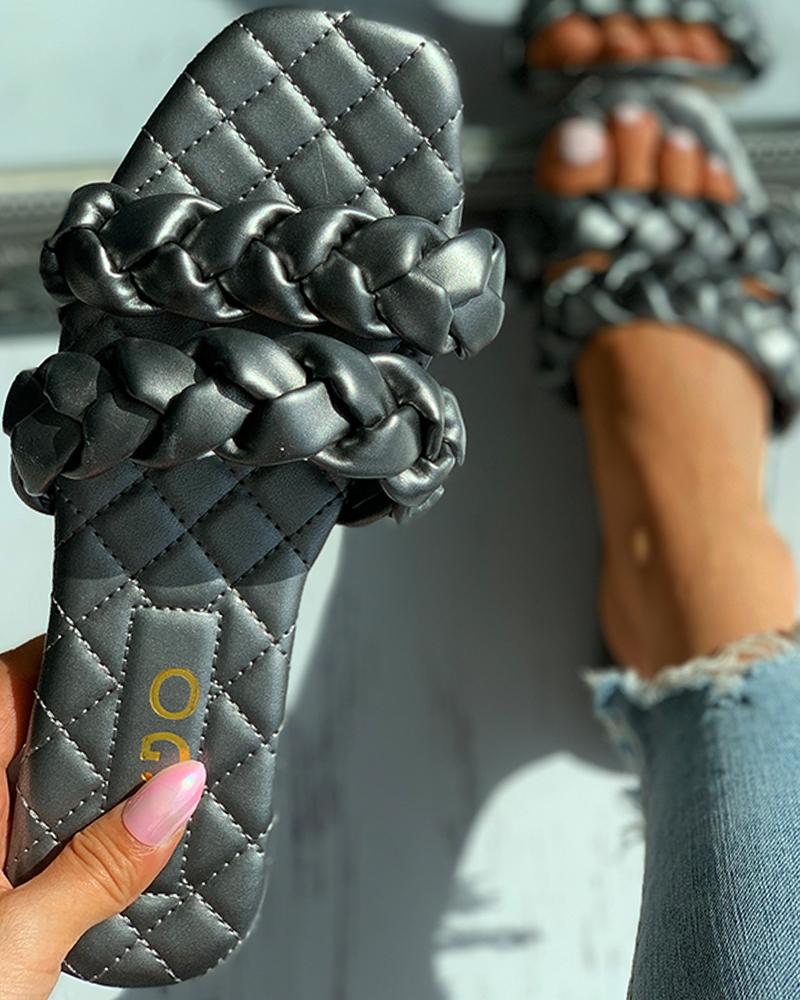 

Quilted Square Toe Braided Flat Sandals, Gray