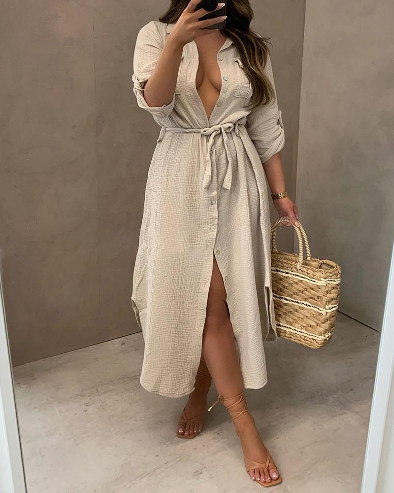 

Button Design Short Sleeve Shirt Dress, Apricot
